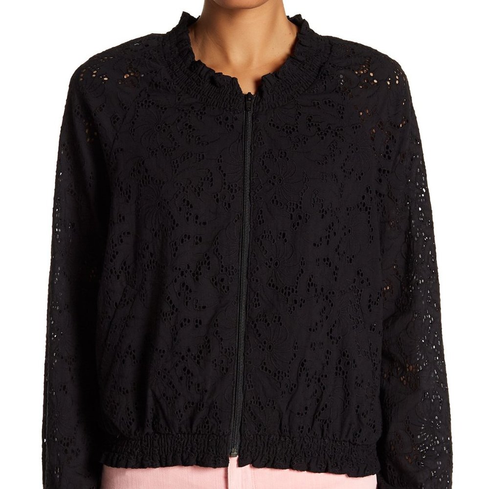 Sanctuary New IN BLOOM Eyelet Bomber Zip-Up Jacket XL Womens Topper Cotton BLACK - Picture 8 of 16